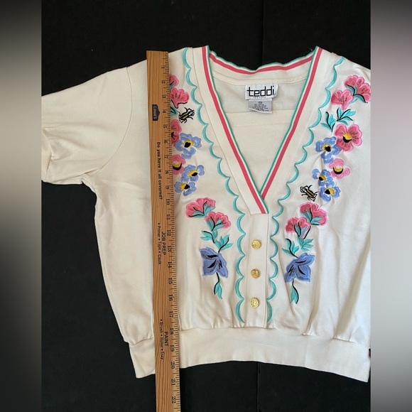 Vtg. 80s teddi brand petite women’s floral embroidery sequins top blouse, PM - Picture 4 of 12